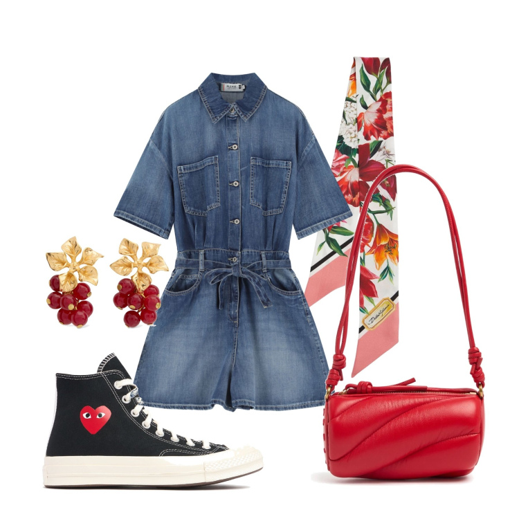 Outfit donna - Total look #2206494. Stile Preppy per Tutti i giorni. Abbinamento con tuta corta, orecchini, sneakers, borse a spalla, foulard.