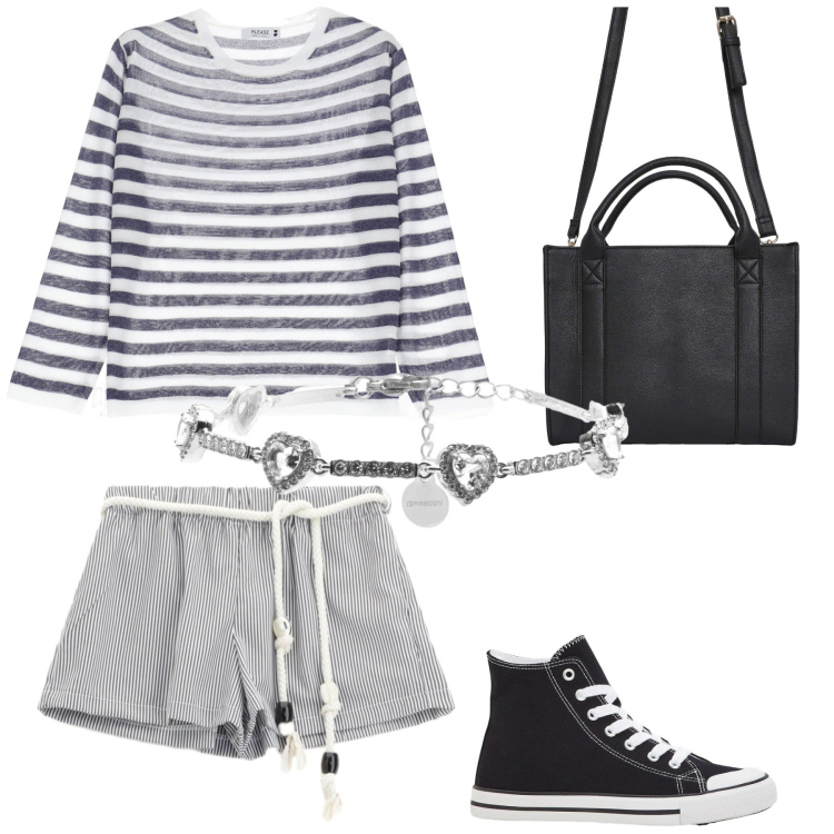 Outfit donna - A righe è chic. Stile Chic per Scuola/Università. Abbinamento con sneakers alte, borse tote, maglieria, pantaloni corti, braccialetti.
