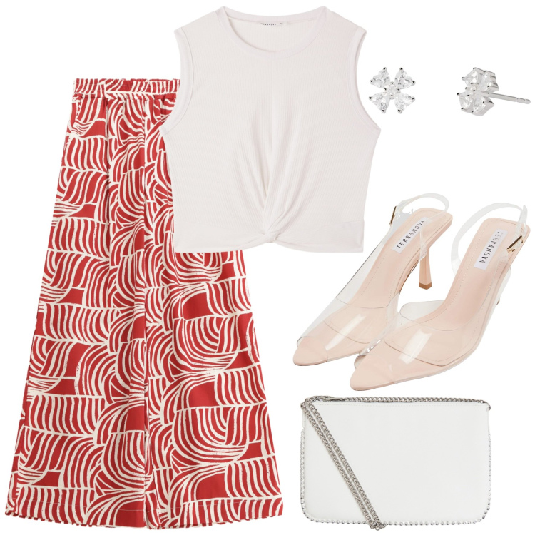 Outfit donna - Incantevole curvy. Stile Romantica per Tutti i giorni. Abbinamento con sandali col tacco, top, borse a tracolla, orecchini, pantaloni.
