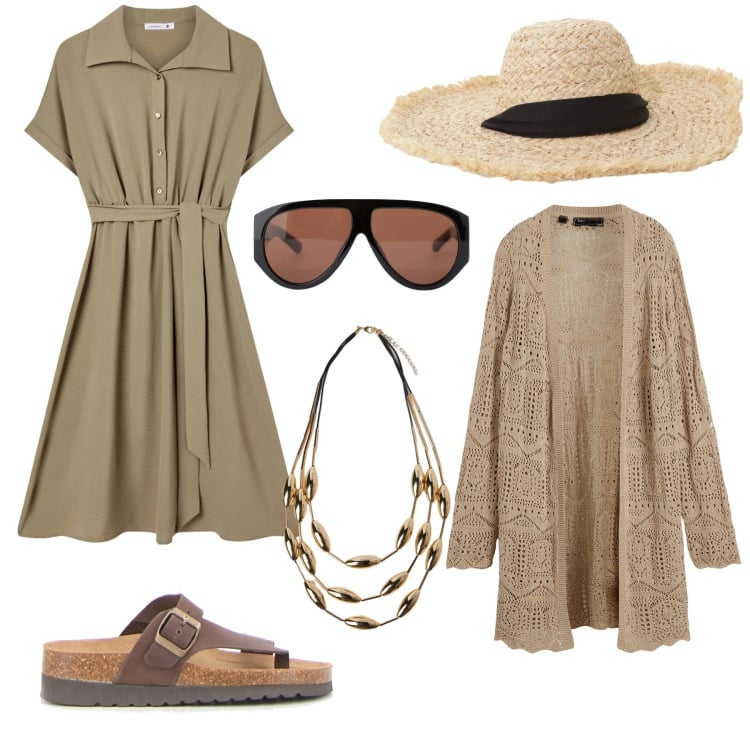 Outfit donna - Colori neutri. Stile Basic per Tutti i giorni. Abbinamento con cardigans, vestiti chemisier, occhiali da sole, cappelli, infradito, collane.