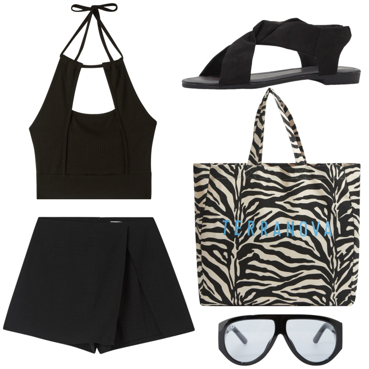 Outfit donna - Scelgo il nero. Stile Casual chic per Mare. Abbinamento con sandali, minigonne, borse tote, top, occhiali da sole.