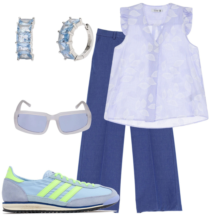 Outfit donna - Blue Monday. Stile Casual per Tutti i giorni. Abbinamento con orecchini, pantaloni a palazzo, canottiere, occhiali da sole, sneakers.