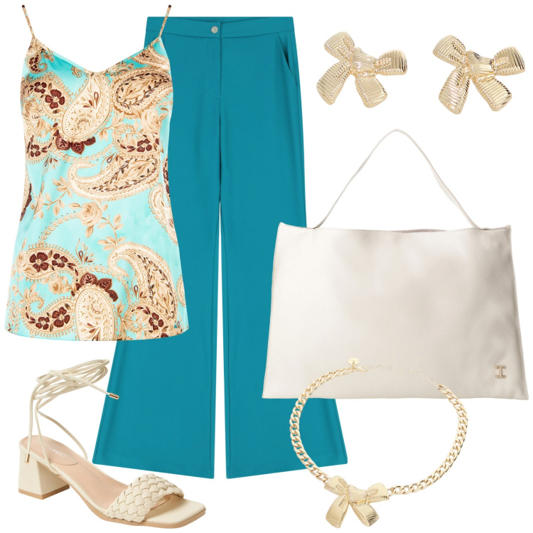 Outfit donna - Turchese per il giorno. Stile Glamour per Ufficio. Abbinamento con borse a spalla, pantaloni, orecchini, collane, sandali alla schiava, top.