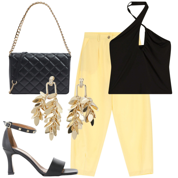 Outfit donna - Esco!. Stile Sexy per Serata fuori. Abbinamento con top, borse a tracolla, sandali col tacco, pantaloni, orecchini.