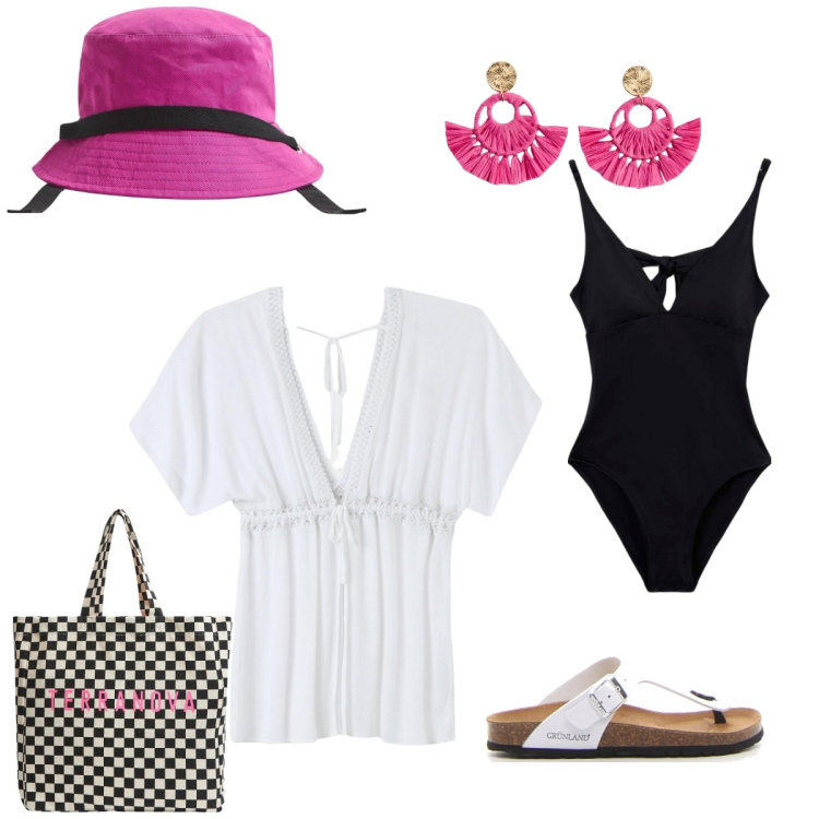 Outfit donna - Con un tocco di colore. Stile Basic per Mare. Abbinamento con orecchini, cappelli, costumi interi, caftani, shopping bag, infradito.