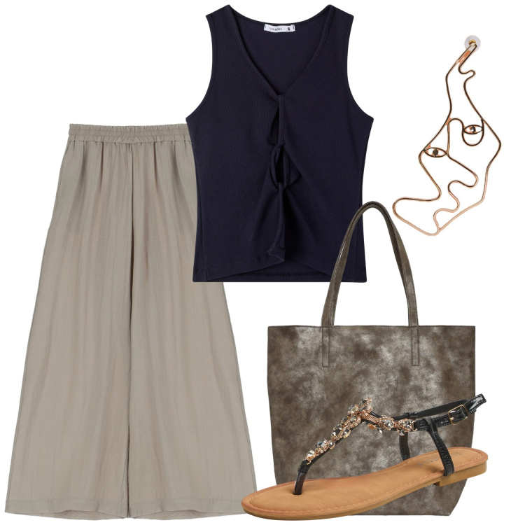 Outfit donna - Estrosa. Stile Casual chic per Ufficio. Abbinamento con top, sandali gioiello, borse tote, pantaloni, orecchini.