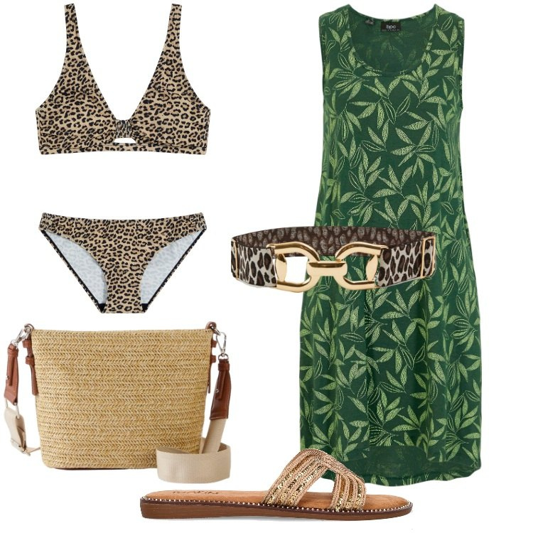 Outfit donna - Outfit da spiaggia curvy. Stile Etnico per Mare. Abbinamento con vestiti senza maniche, bikini, borse a tracolla, cinture, ciabatte.