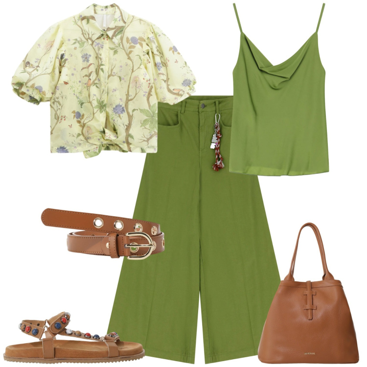 Outfit donna - Total look #2206515. Stile Casual chic per Ufficio. Abbinamento con camicie a manica corta, borse tote, cinture, top, sandali, pantaloni.