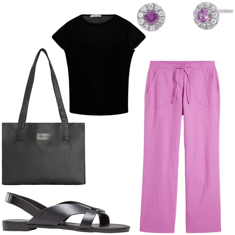 Outfit donna - Comoda e fresca. Stile Basic per Tutti i giorni. Abbinamento con sandali, pantaloni a palazzo, t-shirt, orecchini, shopping bag.