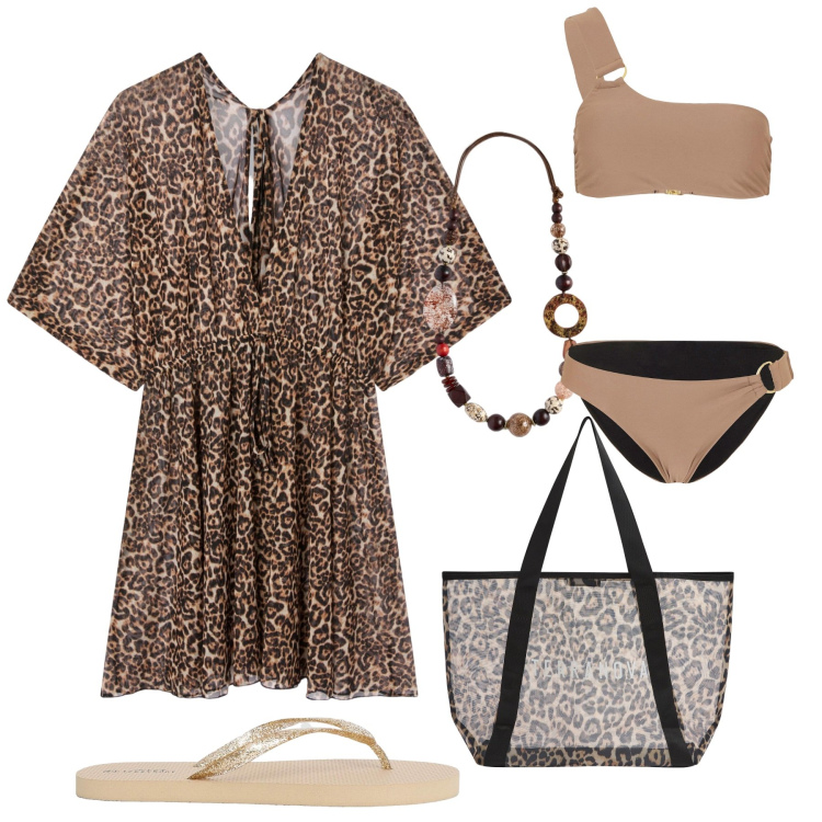 Outfit donna - Total look #2206522. Stile Etnico per Mare. Abbinamento con bikini, vestiti da spiaggia, shopping bag, infradito, collane.