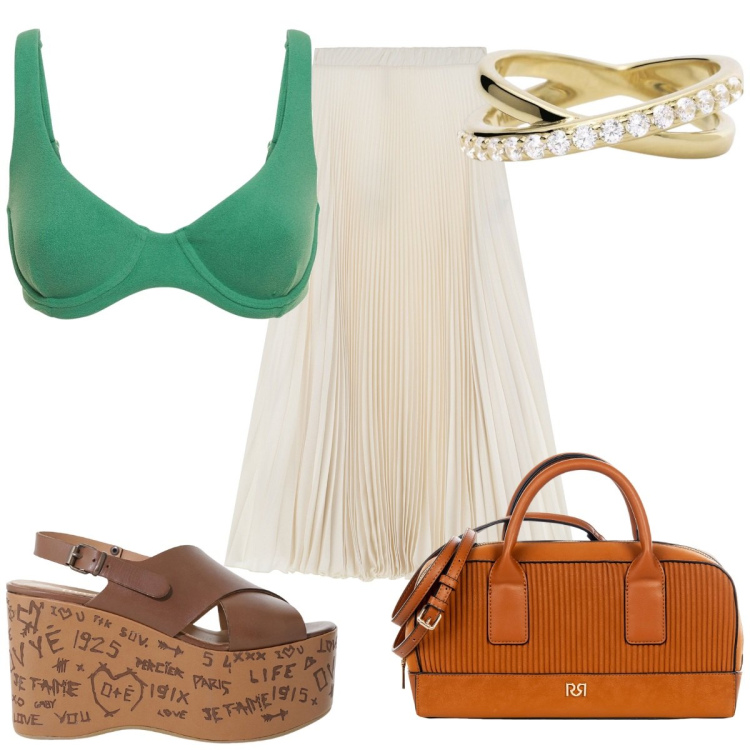 Outfit donna - Total look #2206526. Stile Trendy per Mare. Abbinamento con anelli, borse a mano, gonne lunghe, zeppe, bikini.