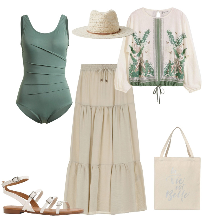Outfit donna - Total look #2206529. Stile Boho per Mare. Abbinamento con sandali, tuniche, costumi interi, borse tote, cappelli, gonne lunghe.