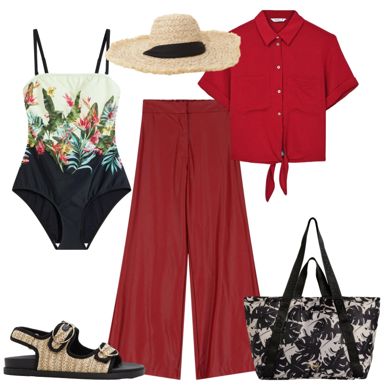 Outfit donna - Total look #2206535. Stile Casual per Mare. Abbinamento con costumi interi, sandali, camicie a manica corta, cappelli, pantaloni a palazzo, shopping bag.