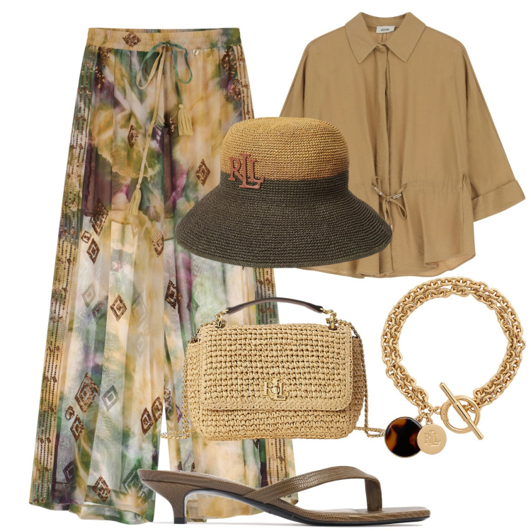 Outfit donna - Gli accessori giusti. Stile Bon Ton per Tutti i giorni. Abbinamento con pantaloni a palazzo, camicie, braccialetti con ciondoli, borse a spalla, cappelli, sandali in pelle.