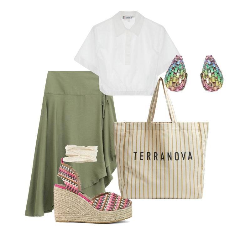 Outfit donna - Luglio a lavoro!. Stile Casual chic per Ufficio. Abbinamento con borse tote, camicie a manica corta, gonne, orecchini, zeppe.