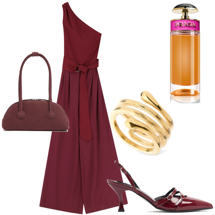 Outfit donna - Jumpsuit monospalla. Stile Chic per Cerimonia. Abbinamento con profumi, tute, anelli, décolleté, borse a spalla.