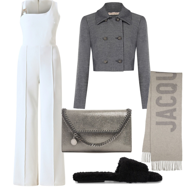 Outfit donna - Prossimo autunno. Stile Casual chic per Tutti i giorni. Abbinamento con tute, blazer, sandali, pochette, sciarpe.