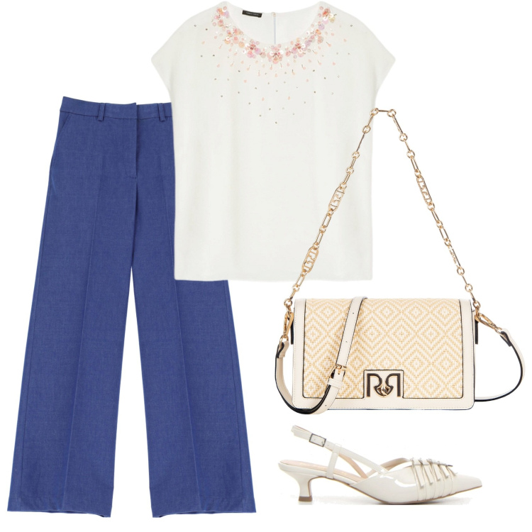 Outfit donna - Ufficio a luglio. Stile Bon Ton per Ufficio. Abbinamento con borse a tracolla, pantaloni a palazzo, bluse, décolleté.