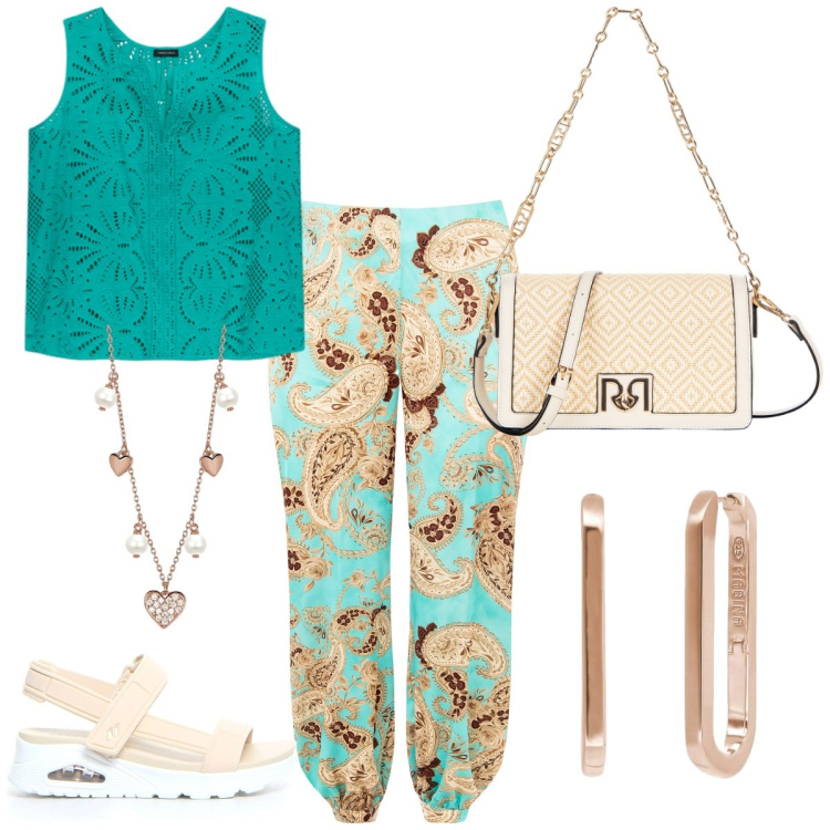 Outfit donna - Orientale. Stile Casual chic per Tutti i giorni. Abbinamento con orecchini, collane, pantaloni, borse a tracolla, sandali, top.