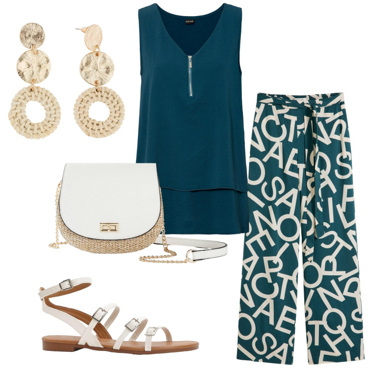 Outfit donna - Total look #2206565. Stile Basic per Tutti i giorni. Abbinamento con top, orecchini, pantaloni, borse a tracolla, sandali.