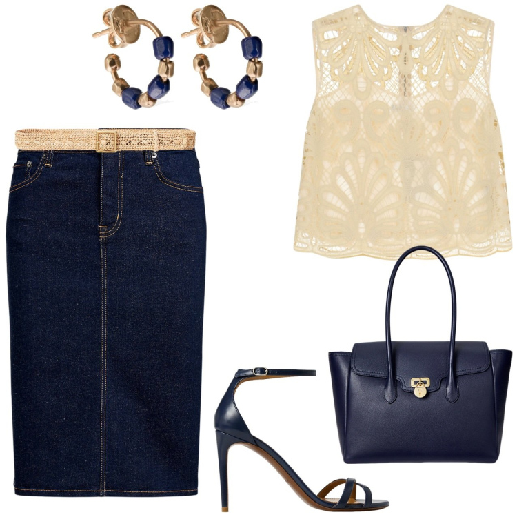 Outfit donna - Sabbia e blu. Stile Bon Ton per Tutti i giorni. Abbinamento con top, gonne, sandali col tacco, borse a mano, cinture, orecchini.