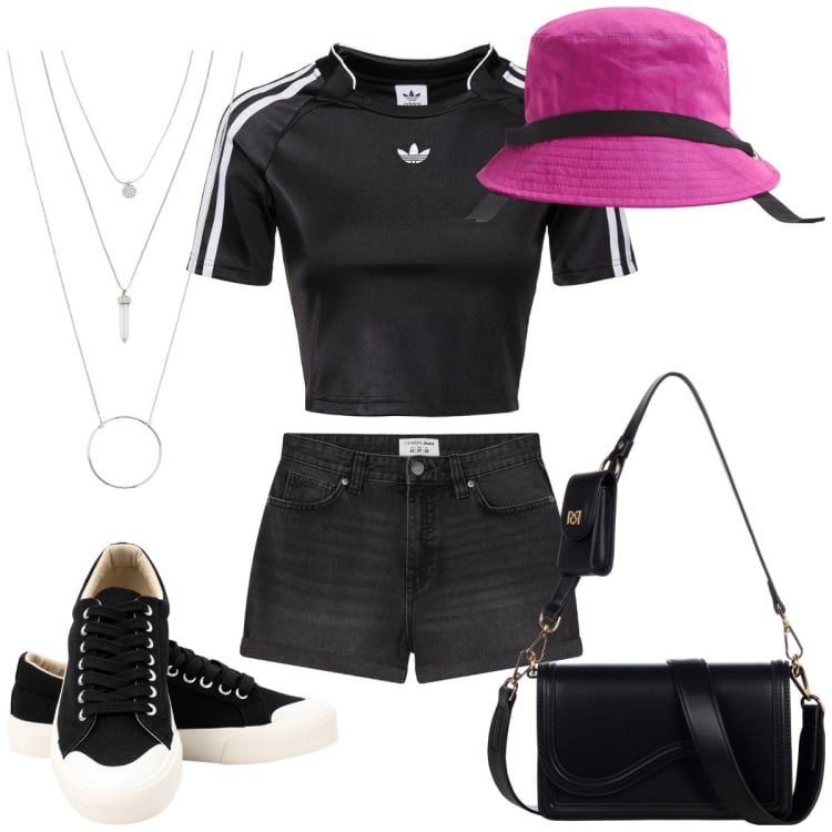 Outfit donna - Uno cosi. Stile Sporty chic per Tutti i giorni. Abbinamento con ciondoli, cappelli, shorts, pochette, sneakers, top.