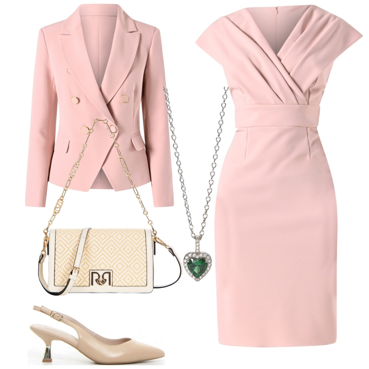 Outfit donna - Look monocromatico con twist - curvy. Stile Chic per Cerimonia. Abbinamento con vestiti a tubino, blazer, borse a tracolla, ciondoli, décolleté.