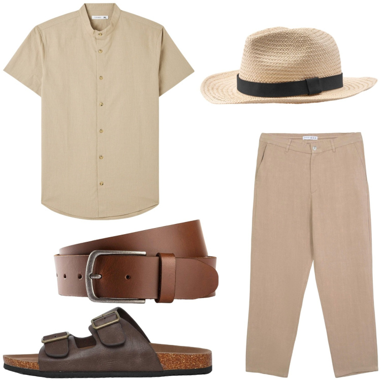 Outfit uomo - Natural. Stile Casual per Tutti i giorni. Abbinamento con cinture, pantaloni chino, camicie a manica corta, sandali, cappelli.