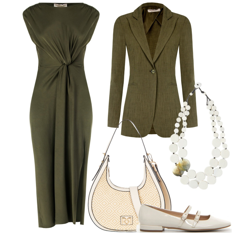 Outfit donna - Look monocromatico con twist - curvy. Stile Chic per Cerimonia. Abbinamento con borse a mano, vestiti midi/longuette, blazer, décolleté, ciondoli.
