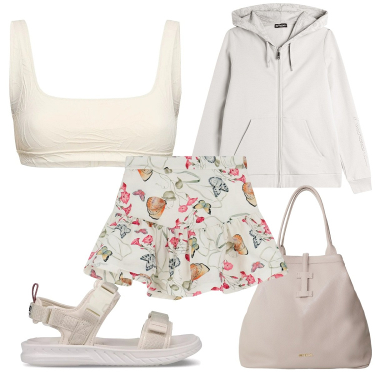 Outfit donna - Total look #2206586. Stile Sporty chic per Mare. Abbinamento con sandali, minigonne, borse tote, felpe con cappuccio, bikini.