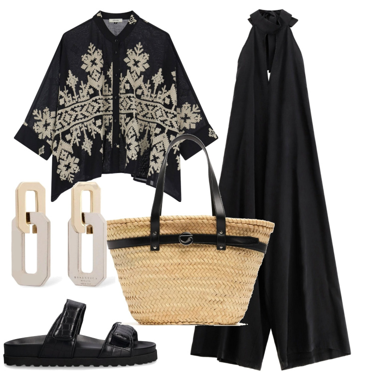 Outfit donna - Ispirazione oriente. Stile Etnico per Tutti i giorni. Abbinamento con tute, camicie, sandali in pelle, orecchini, shopping bag.