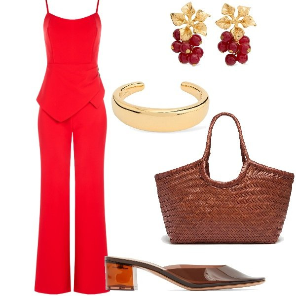 Outfit donna - A cena fuori. Stile Glamour per Serata fuori. Abbinamento con tute, shopping bag, braccialetti, pantofole, orecchini.