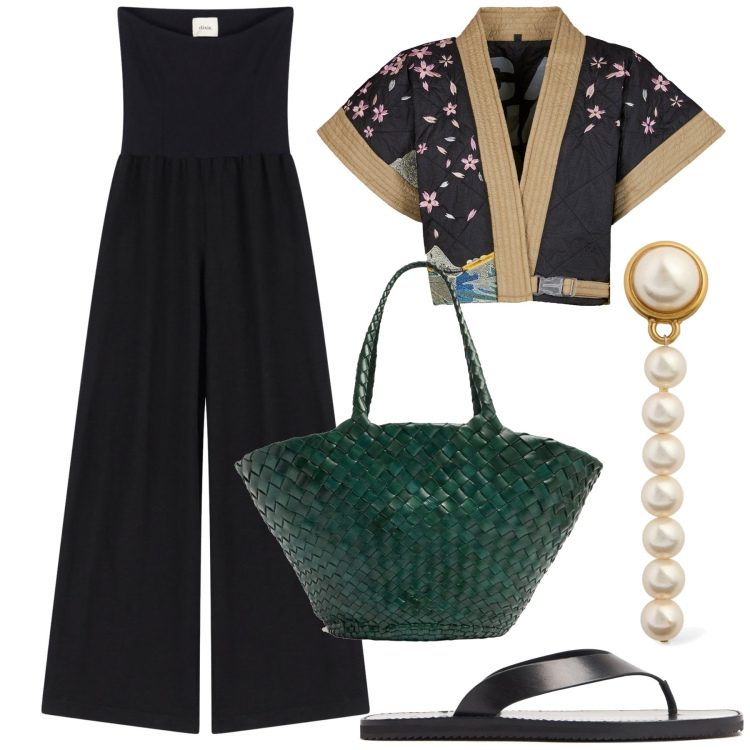 Outfit donna - Ispirazione oriente. Stile Etnico per Serata fuori. Abbinamento con tute, kimono, shopping bag, orecchini, ciabatte.