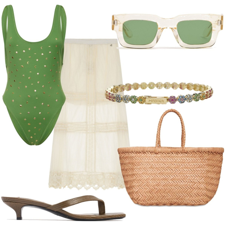 Outfit donna - Il costume intero. Stile Chic per Mare. Abbinamento con braccialetti, gonne lunghe, shopping bag, costumi interi, sandali in pelle, occhiali da sole.