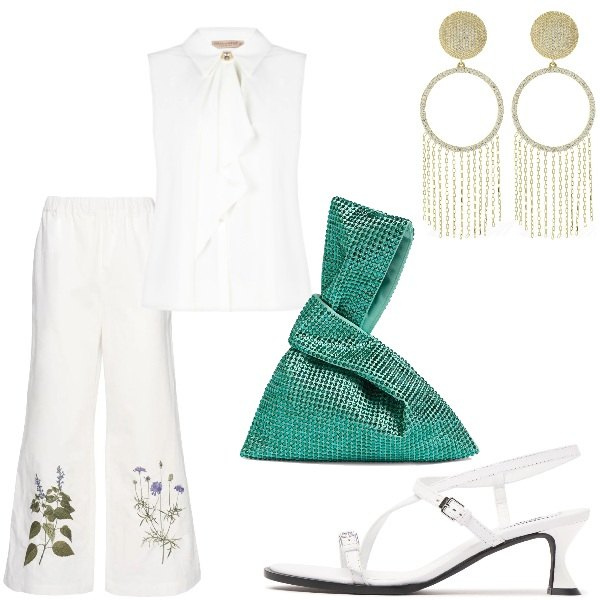 Outfit donna - Cerimonia tra intimi. Stile Glamour per Serata fuori. Abbinamento con top, borse a mano, orecchini, pantaloni, sandali in pelle.