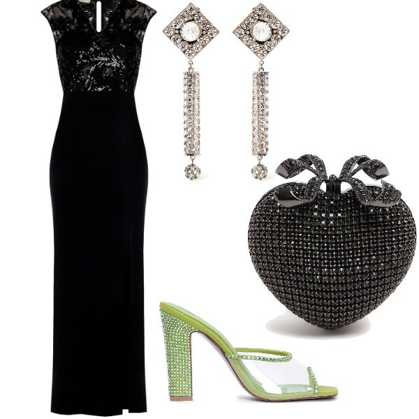Outfit donna - Matrimonio di sera. Stile Glamour per Cerimonia. Abbinamento con vestiti, pochette, pantofole, orecchini.