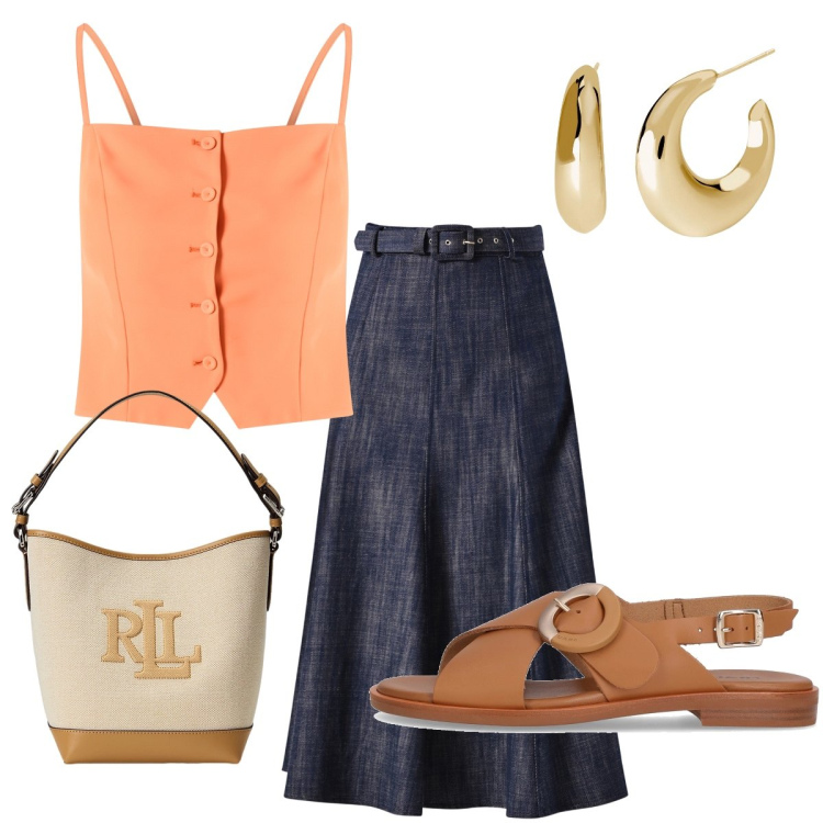 Outfit donna - Serata alla sagra di paese. Stile Casual per Serata fuori. Abbinamento con canottiere, gonne longuette, orecchini, borse a secchiello, sandali.