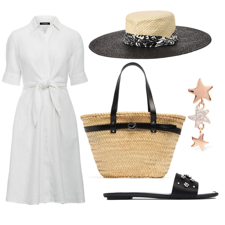 Outfit donna - Al mare sempre chic. Stile Chic per Mare. Abbinamento con vestiti chemisier, cappelli, orecchini, shopping bag, sandali gioiello.