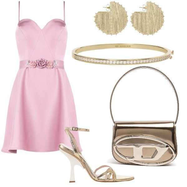 Outfit donna - Matrimonio in vista. Stile Glamour per Cerimonia. Abbinamento con braccialetti, vestiti corti, sandali col tacco, orecchini, borse a spalla.