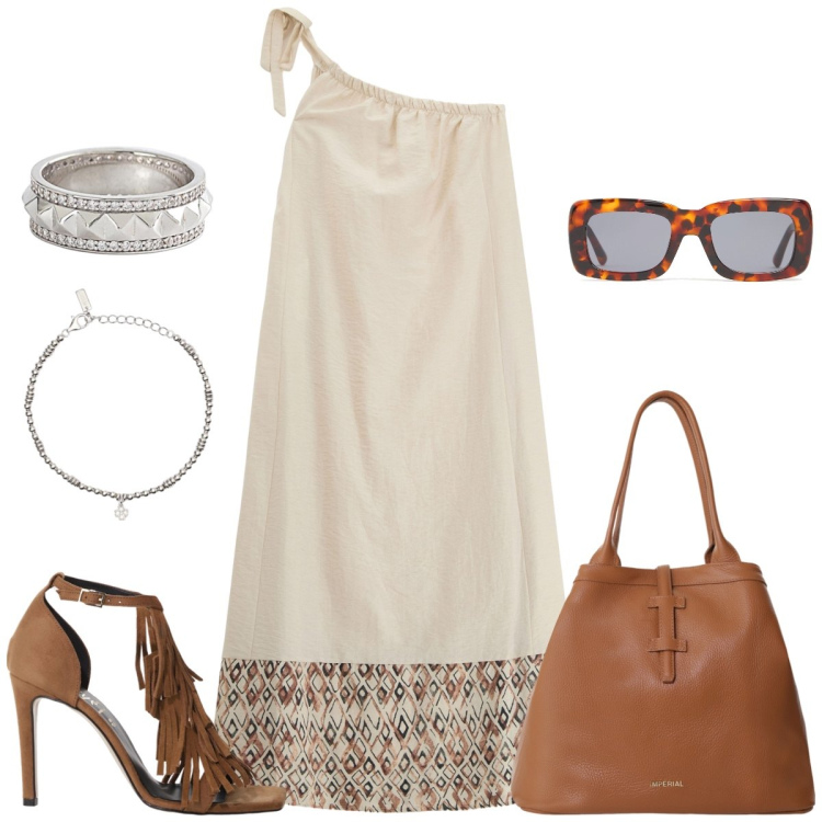 Outfit donna - Monospalla. Stile Casual chic per Tutti i giorni. Abbinamento con anelli, braccialetti con ciondoli, vestiti lunghi, borse tote, décolleté, occhiali da sole.