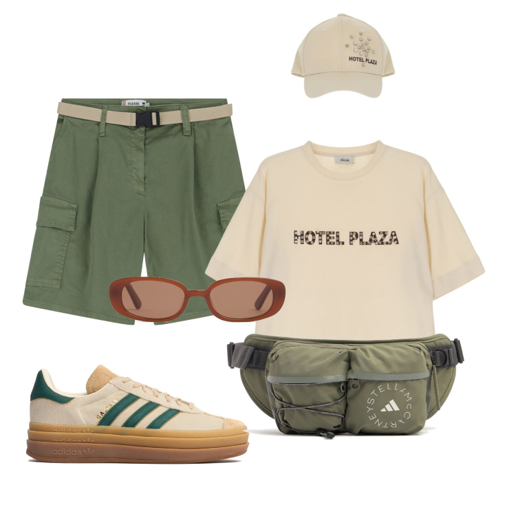 Outfit donna - Total look #2206635. Stile Mannish per Tutti i giorni. Abbinamento con shorts, t-shirt, sneakers, occhiali da sole, marsupi.
