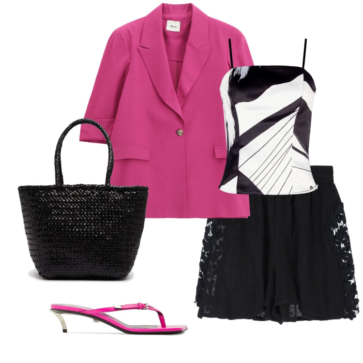 Outfit donna - Total look #2206642. Stile Chic per Serata fuori. Abbinamento con canottiere, shorts, blazer, borse a secchiello, sandali in pelle.