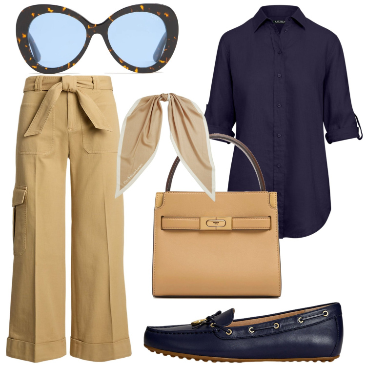 Outfit donna - Total look #2206654. Stile Chic per Ufficio. Abbinamento con mocassini, foulard, camicie, pantaloni cargo, borse a mano, occhiali da sole.