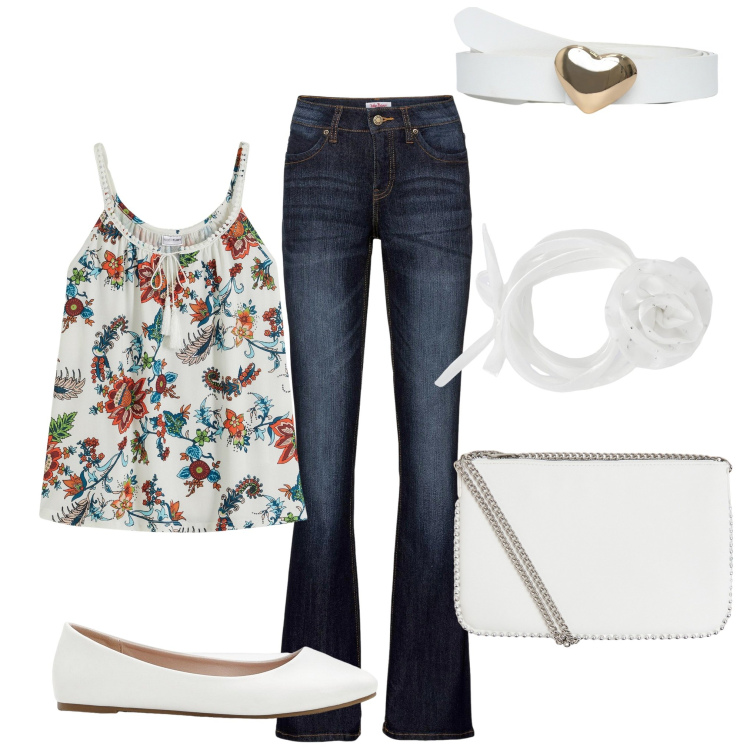 Outfit donna - Tranquilla estate. Stile Casual per Tutti i giorni. Abbinamento con top, jeans bootcut, ballerine, cinture, collane, borse a tracolla.