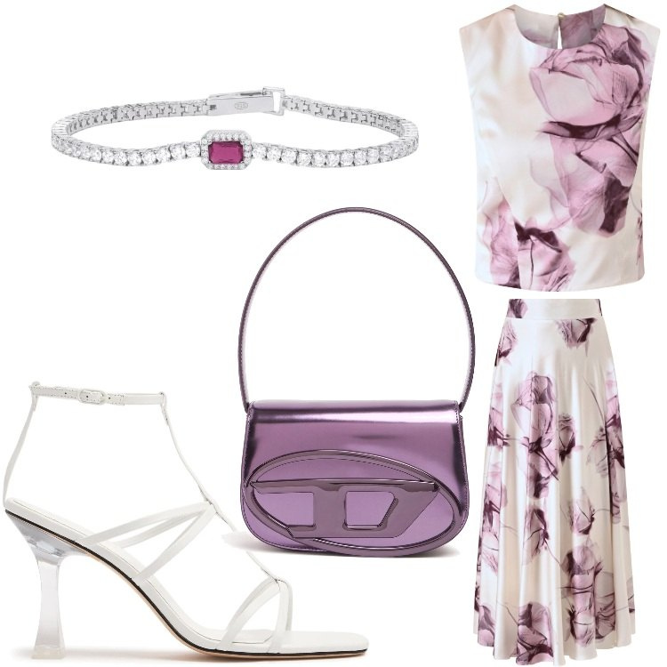 Outfit donna - Dea. Stile Chic per Cerimonia. Abbinamento con braccialetti, top, gonne lunghe, sandali in pelle, borse a spalla.