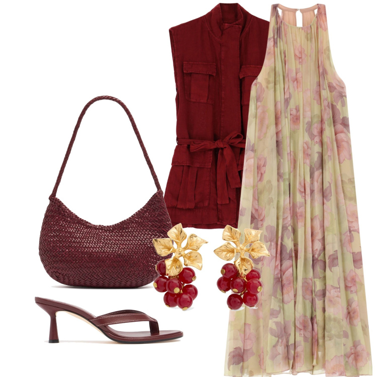 Outfit donna - Total look #2206662. Stile Boho per Serata fuori. Abbinamento con vestiti lunghi, gilet, borse a spalla, ciabatte, orecchini.
