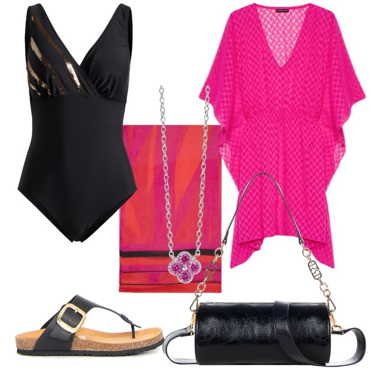 Outfit donna - Outfit da spiaggia curvy. Stile Glamour per Mare. Abbinamento con costumi interi, borse a mano, collane, caftani, infradito, vestiti da spiaggia.