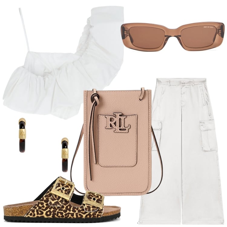 Outfit donna - Accessori in primo piano. Stile Minimal per Tutti i giorni. Abbinamento con canottiere, pantaloni cargo, orecchini, borse a tracolla, sandali in pelle, occhiali da sole.