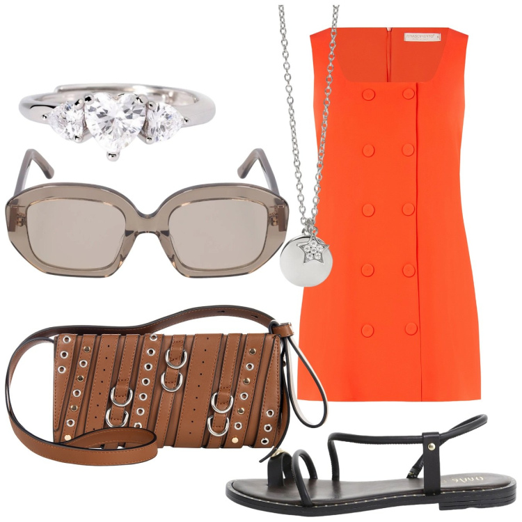 Outfit donna - Total look. Stile Basic per Tutti i giorni. Abbinamento con sandali, ciondoli, anelli, vestiti a tubino, borse a spalla, occhiali da sole.