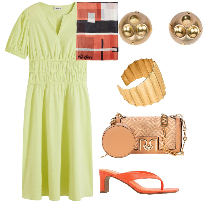 Outfit donna - Colori estivi. per Tutti i giorni. Abbinamento con vestiti midi/longuette, infradito, borse a tracolla, sciarpe, braccialetti, orecchini.